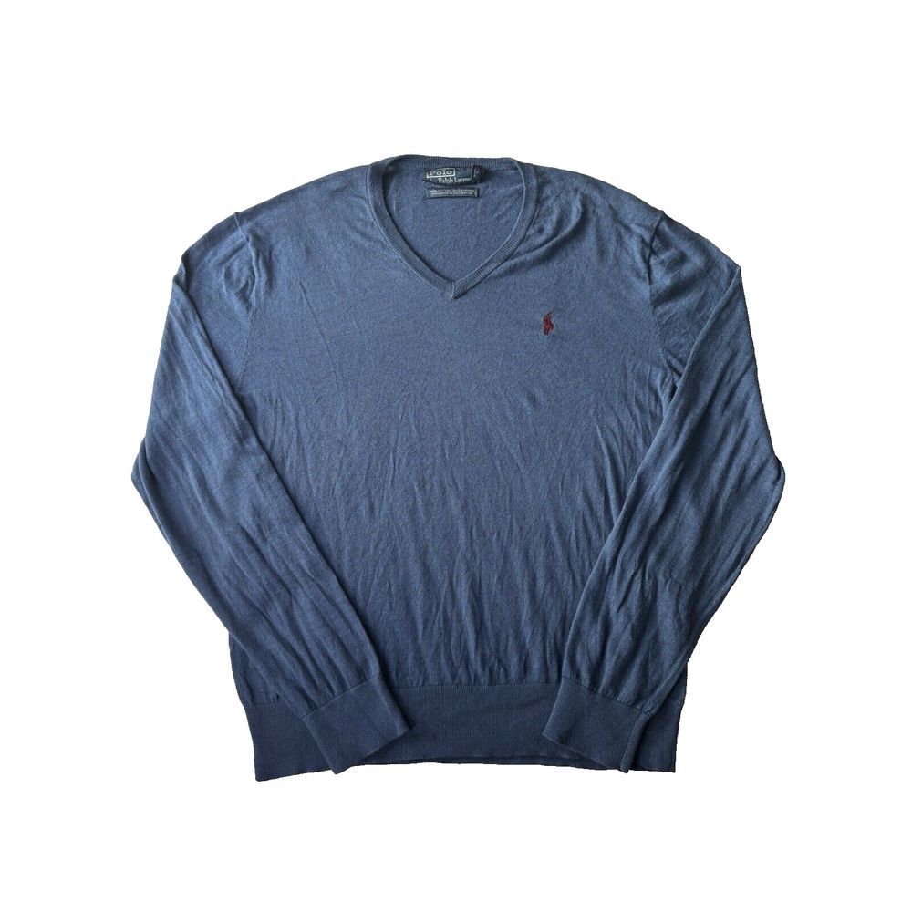 Polo Ralph Lauren Sweater Men Large Blue V Neck Cotton‎ Cashmere Pullover Preppy